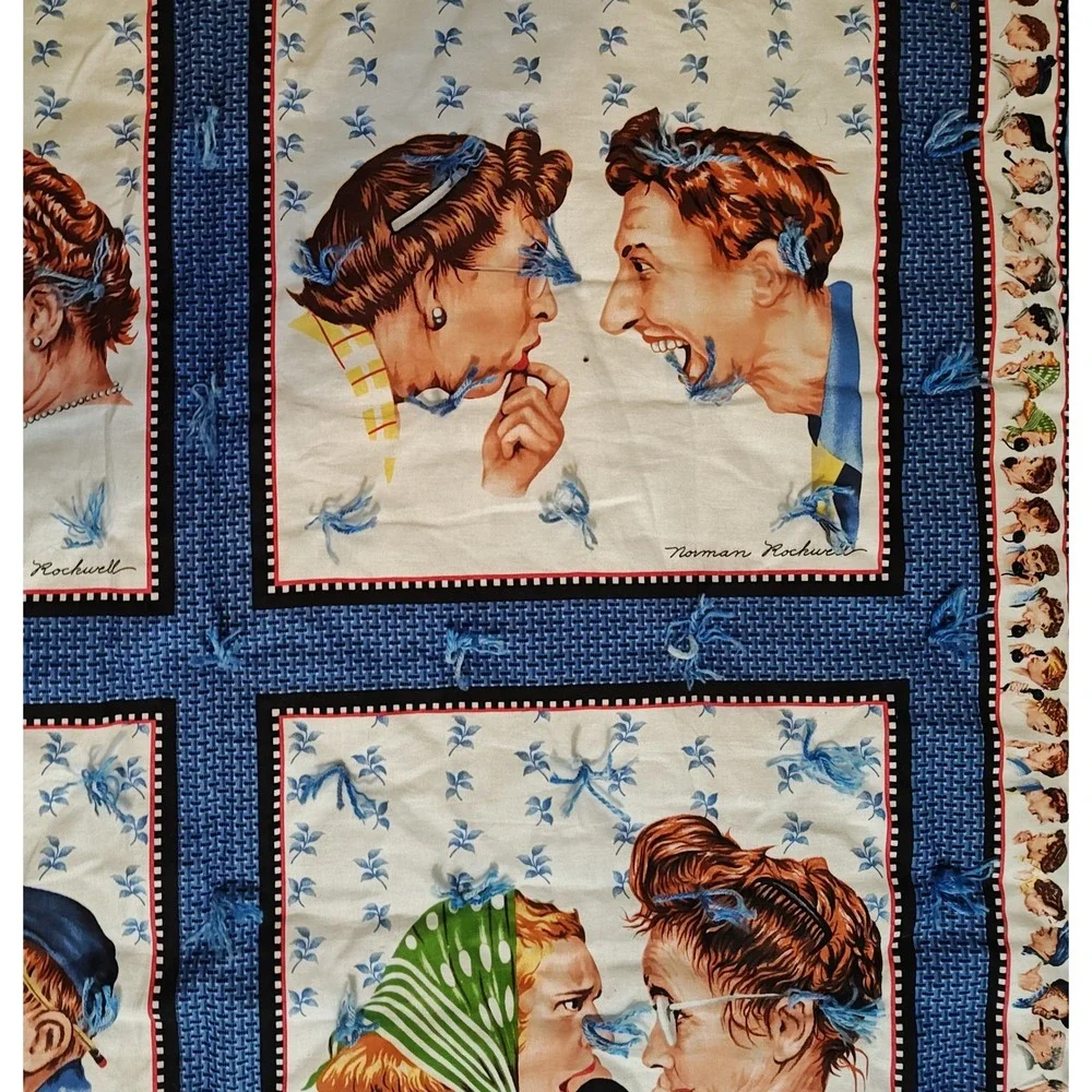 Norman Rockwell Tied Quilt wall hanging 51x43 Blue The Gossip Americana Folk Art